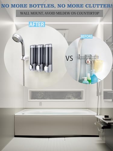 RANKADO Luxury Shower Soap Dispenser 3 Chamber No Drill,Soap Shampoo Conditioner Dispenser Bathroom Wall Mounted with Labels Hotel RV,Silver - color: 320ml X 3（silver）