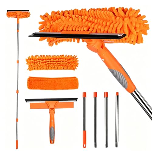 68'' Window Squeegee Cleaner Kit - 2-in-1 Rotatable Window Cleaning Tool with Extension Pole, Professional Streak-Free Squeegee with Bendable Head for Indoor/Outdoor Windows Car Glass (Orange) - color: Orange