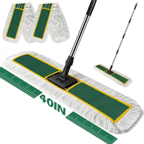 MASTERTOP 40" Commercial Dust Mop for Floor Cleaning, Heavy Duty Flat Mop | Industrial 64" Long Handle Push Broom with 2 Cotton Pads for Hardwood, Tile, Laminate, Concrete, Warehouse & Gym Cleaning - color: Green(40"*8.3")