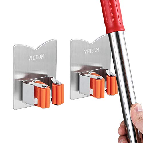 Broom Holder Wall Mount, 2 Pack Orange Stainless Steel Mop and Broom Organizer, Heavy Duty 15 Lbs Self Adhesive Tool Hanger, No Drill V-Shape Broom Hooks for Garage, Kitchen, Bathroom - color: 2 PACK
