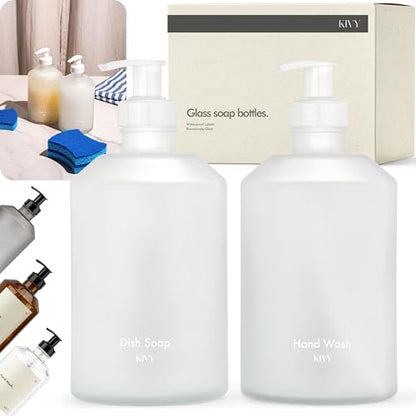KIVY Glass Soap Dispenser Set [INCL. Waterproof Labels] - Glass Soap Dispenser with Pump - Hand Soap and Dish Soap Set - for Kitchen, Shower & Bathroom - Refillable (Matte White) - color: Matte White