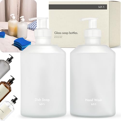 KIVY Glass Soap Dispenser Set [INCL. Waterproof Labels] - Glass Soap Dispenser with Pump - Hand Soap and Dish Soap Set - for Kitchen, Shower & Bathroom - Refillable (Matte White) - color: Matte White