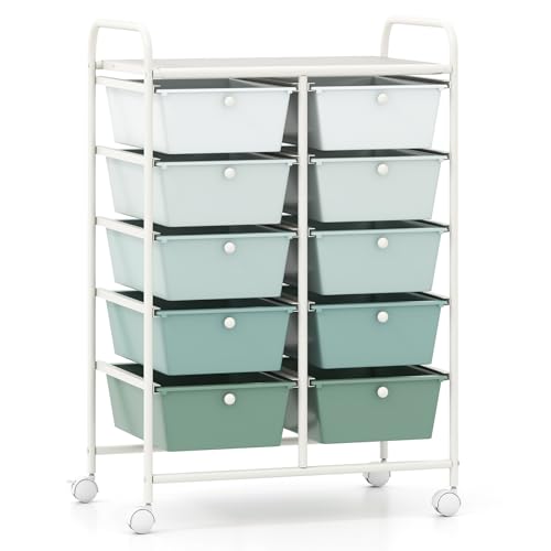 COSTWAY 10 Drawer Rolling Storage Cart, Mobile Utility Cart with Metal Frame & Lockable Wheels, Art Supply Craft Organizer, Multipurpose Drawer Cart for Paper for Office, School, Green Gradient - color: Green Gradient, size: 10 Drawer