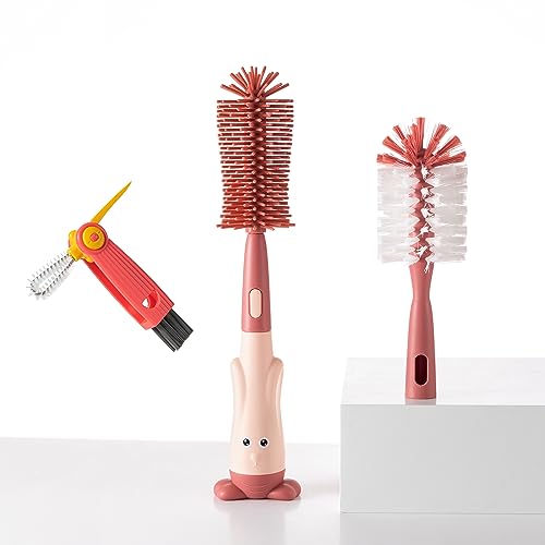 Chemimoso Cup Cleaning Brush, Silicone Baby Bottle Brush with Stand, Large Handle Water Bottle Brush Cleaner Set, with a Tiny Cup Lid Gap Cleaning Brush, Cup Lid Cleaner Brushes Kit, Pink - color: Pink 2