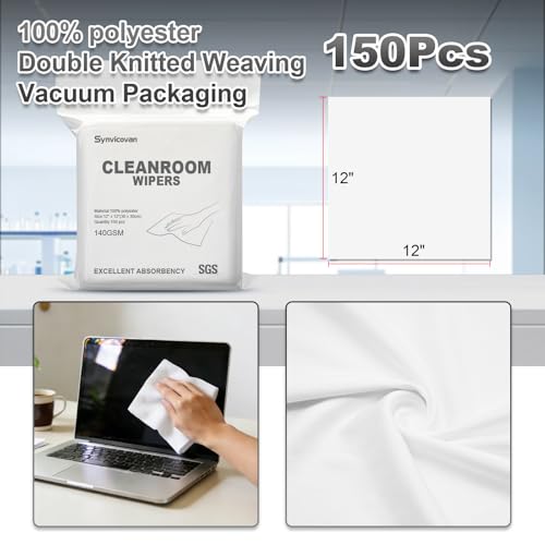 Cleanroom Polyester Wipers 12"x12"(150 Pcs, 140GSM) Double Knit 100% Lint Free Cleaning Cloths with Ultra-fine Filaments, Laser Sealed Edge Ultra-Soft Wipers, Reusable and Washable - size: 12"×12"(Pack of 150)