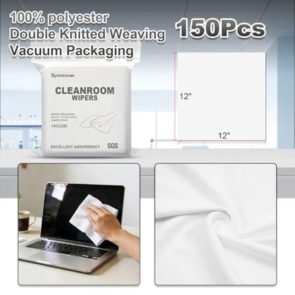 Cleanroom Polyester Wipers 12"x12"(150 Pcs, 140GSM) Double Knit 100% Lint Free Cleaning Cloths with Ultra-fine Filaments, Laser Sealed Edge Ultra-Soft Wipers, Reusable and Washable - size: 12"×12"(Pack of 150)