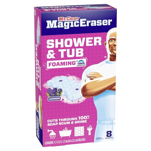 Mr. Clean Magic Eraser Sponge, Bathroom, Shower, Tub Cleaner, Soap Scum Remover, Bathroom Cleaning Supplies, Dawn Cleaning Power with Lavender Scent, Shower & Tub, 8ct - size: 1 Count (Pack of 8), style: Upgraded Version