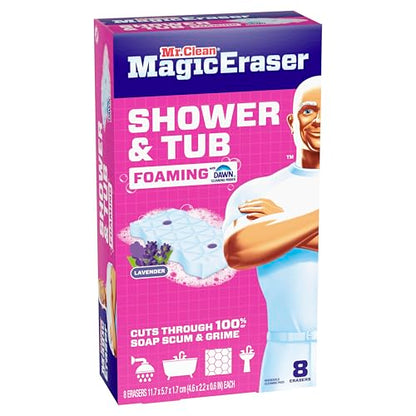 Mr. Clean Magic Eraser Sponge, Bathroom, Shower, Tub Cleaner, Soap Scum Remover, Bathroom Cleaning Supplies, Dawn Cleaning Power with Lavender Scent, Shower & Tub, 8ct - size: 1 Count (Pack of 8), style: Upgraded Version