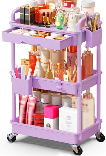 SUNALLY Makeup Cart Organizer with Drawers, Floor Skincare Organizers Vanity Storage Organizer, Rolling Makeup Bathroom Storage Cart Cosmetics Display Cases for Skin Care Perfume Nail Polish, Purple - color: Purple, size: 3 Tier