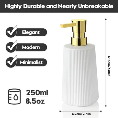Small Soap Dispenser for Bathroom and Kitchen, Modern Farmhouse Striped Style Plastic Hand Soap Dish Soap Dispenser with Pump Matte White and Gold - color: White and Gold