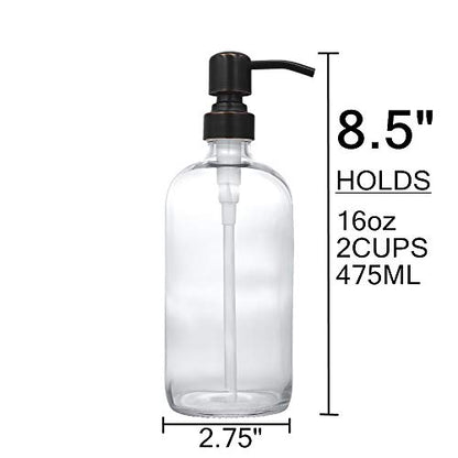 2 Pack Thick Clear Glass Boston Round Bottles /Oil Rubbed Bronze Stainless Steel Pumps, 16 Ounce Jar Soap Dispenser with Rustproof Pump for Essential Oil, Liquid Soap - color: Black and Clear