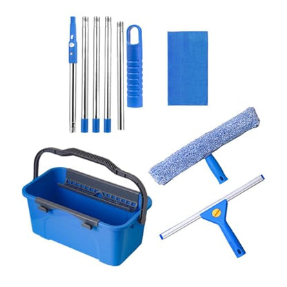 Window Cleaner Kit With Bucket - Glass Cleaning System With Microfiber Cloth Extendable Pole | Adjustable Length Heavy-Duty Equipment Window Cleaner Tools For Car Windshield Tile Glass Patio Door Prof