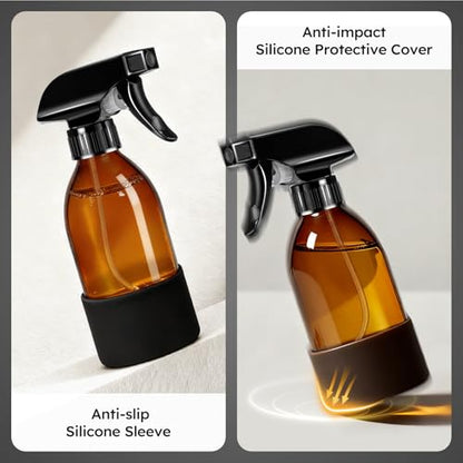 Tecohouse 2 Pack 360° Amber Glass Spray Bottles with Silicone Sleeve, 8 oz Empty Refillable Containers with Adjustable Spray Nozzles, Dark Spray Bottles for Cleaning Solutions, Plants (Black & Brown) - color: Amber, size: 8OZ