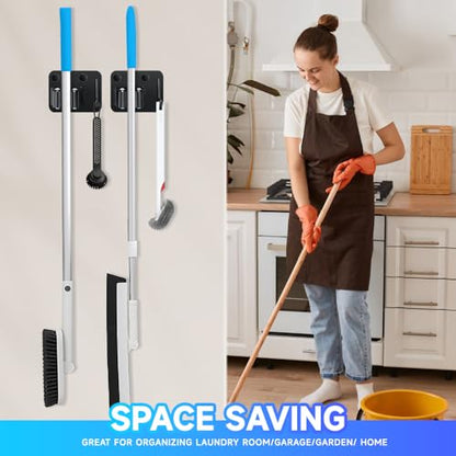 JAMEND CLXP 2-Pack Broom Holder with Heavy Duty Hooks, Upgraded Stainless Steel Mop Hanger. Wall Mount Utility Tool Rack for Kitchen Garden Laundry Garage. Matte Black.