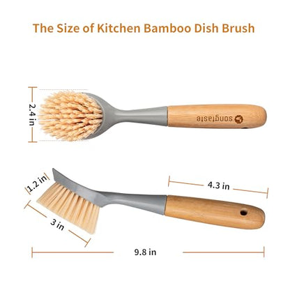 2 Pack Kitchen Dish Brush Bamboo Handle Dish Scrubber Built-in Scraper, Scrub Brush for Pans, Pots, Kitchen Sink Cleaning, Dishwashing and Cleaning Brushes are Perfect Cleaning Tools, Color-Gray - style: Gray