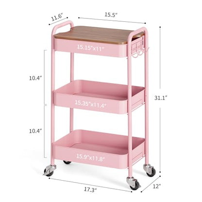 TOOLF 3-Tier Rolling Cart with Table Top, Metal Storage Cart on Wheels, Utility Organizer with Wooden Tray, Lockable Casters, Easy Assembly for Bathroom, Living Room, Office, Bedside, Pink - color: Pink