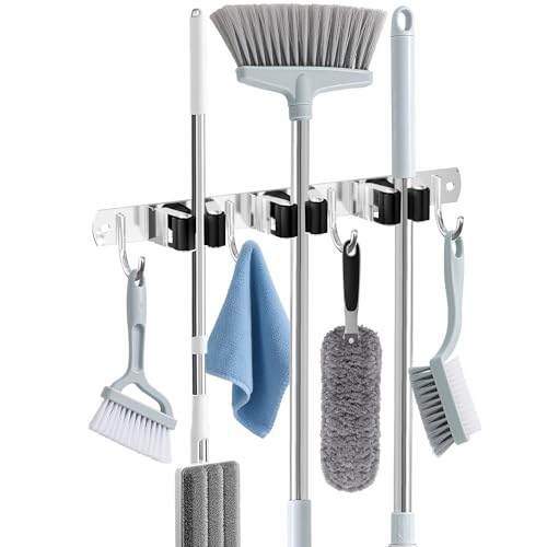 HANZENMA Broom Holder Wall Mount, Broom Organizer Wall Mount Stainless Steel Broom and Mop Hanger Heavy Duty Storage Organization for Home Kitchen Garden Garage Room 3 Racks 4 Hooks Black - color: Black, size: 3 Racks 4 Hooks