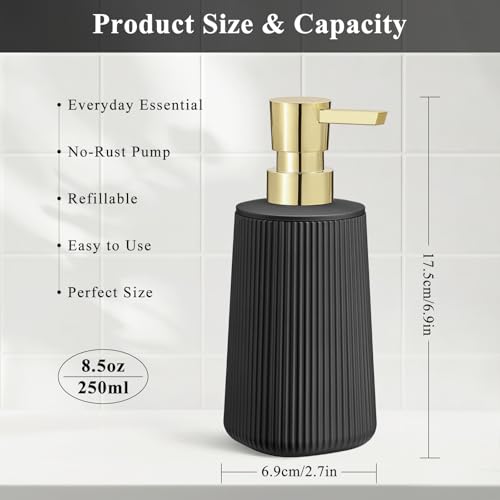Black and Gold 2 Pack Hand Soap Dispensers Set with No Rust Pump for Bathroom and Kitchen Countertops Refillable Matte Striped Plastic 8.5 oz - color: Black and Gold Set of 2