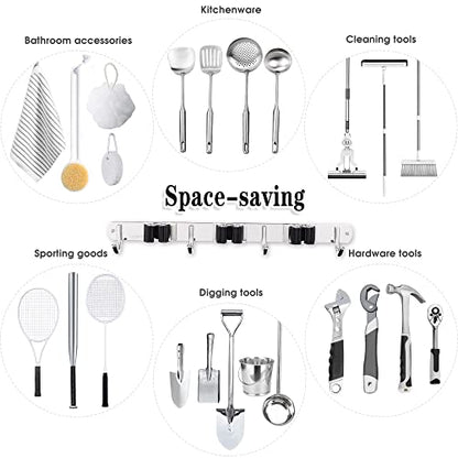 3 Racks and 4 Hooks Broom and Mop Holder Wall Mounted Garage Organizer Storage Tool Racks Stainless Steel Heavy Duty Hooks Self Adhesive Solid Non-slip Wall Hangers for Home Kitchen Garden Laundry - color: 3 Racks & 4 Hooks (Silver) - 1 Pack