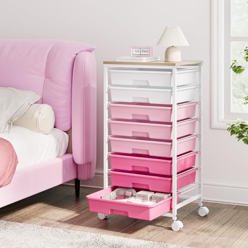 Rolling Cart with Drawers, Pink Cart with 8 Plastic Drawer Storage and Wooden Tabletop, Craft Storage, Teacher Cart, Storage Cart on Wheels, Rose Pink - color: Rose Pink
