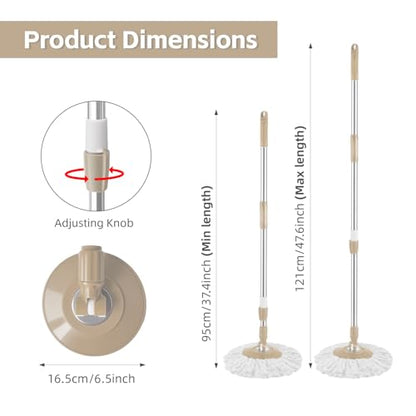 Spin Mop Replacement Handle, 47.6-inch 360 Degrees Rotating Telescopic Replacement Mop Stick with Robust Reinforced Plastic Disc for Spin Mop Bucket Cleaning System (Plastic Disc,Khaki) - color: Khaki, style: Plastic Disc