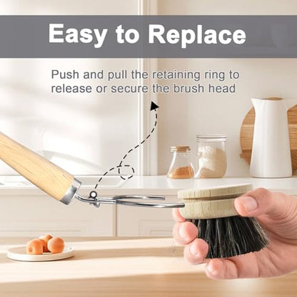 Wooden Dish Brush Set, 4 Natural Bristle Replacement Heads with 1 Sturdy Wooden Handle, Horsehair Kitchen Scrub Brush for Pots, Pans, Vegetables and Cookware - size: Soft