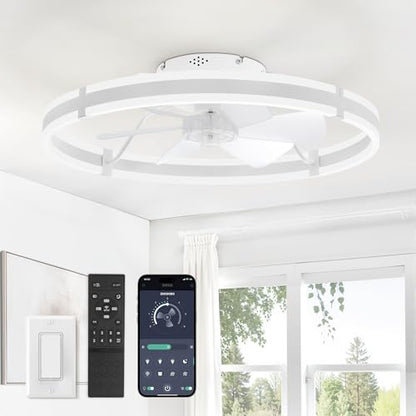 ZMISHIBO 24 Inch Ceiling Fans with Lights and Remote, Modern Low Profile Ceiling Fan, 3000-6000K Dimmable Flush Mount LED Fan Light, 6 Wind Speeds, Fandelier Ceiling Fans for Bedroom- White - color: White, size: 24 INCH