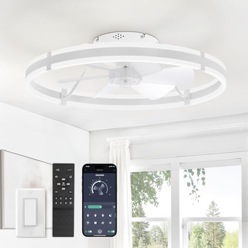 ZMISHIBO 24 Inch Ceiling Fans with Lights and Remote, Modern Low Profile Ceiling Fan, 3000-6000K Dimmable Flush Mount LED Fan Light, 6 Wind Speeds, Fandelier Ceiling Fans for Bedroom- White - color: White, size: 24 INCH