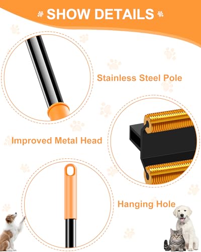 3 in 1 Carpet Rake for Pet Hair Removal Tool, 51” Adjustable Long Handle Pet Hair Removal Broom, Pet Grooming Brush, Cat Dog Hair Remover Carpet Scraper for Rugs, Mats - color: Orange-Black