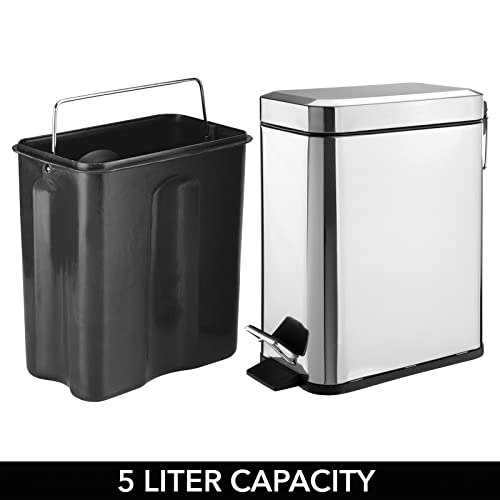mDesign Small Modern 1.3 Gallon Rectangle Metal Lidded Step Trash Can, Compact Garbage Bin with Removable Liner Bucket and Handle for Bathroom, Kitchen, Craft Room, Office, Garage - Chrome - color: Chrome, size: 1.3 Gallon
