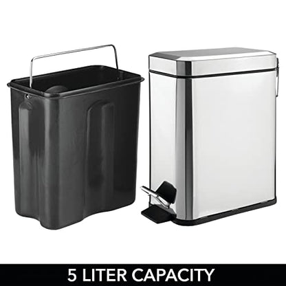 mDesign Small Modern 1.3 Gallon Rectangle Metal Lidded Step Trash Can, Compact Garbage Bin with Removable Liner Bucket and Handle for Bathroom, Kitchen, Craft Room, Office, Garage - Chrome - color: Chrome, size: 1.3 Gallon