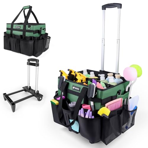 Large Rolling Cleaning Caddy Bag with Wheels, Cleaning Bag with Detachable Trolley, Cleaning Bags on Wheels for Housekeepers, Cleaning Cart Supplies Organizer for Home, Car, Picnic (Green) - color: Green