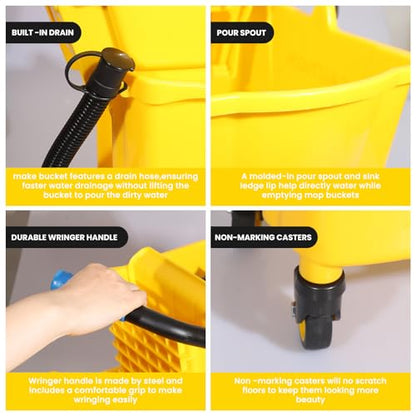 35Qt Commercial Mop Bucket with Side Wringer,Including 1* Commercial Loop-end Mop and 1* Mop Head Replacement