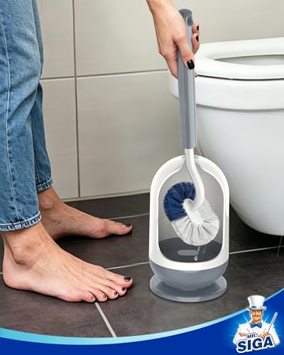MR.SIGA Toilet Brush with Holder, Under Rim Toilet Bowl Brush with Curved Design for Hard to Reach Corners, 16.2 inch(41.1cm) Long Handle, White & Gray, 1 Pack