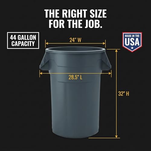 Kleen Commercial Brute Heavy-Duty Round Trash Can, 44-Gallon, Gray, Utility Garbage Container, Landscapers/Construction Sites/Restaurants/Offices/Warehouses Made in USA - size: 44 Gallon