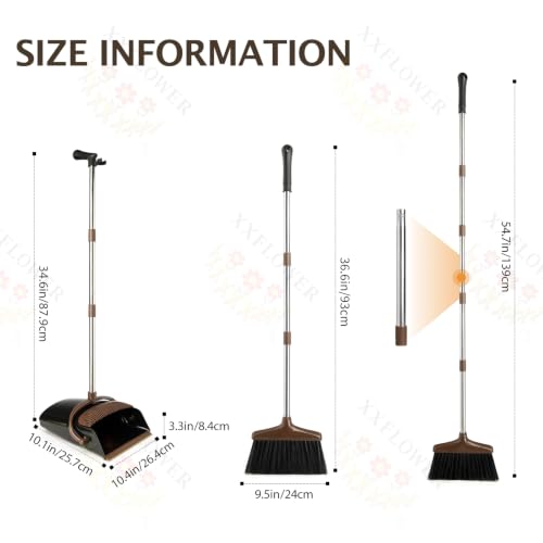 Broom and Dustpan Set with Long Handle, Light Weight Stainless Steel Poles Stand Upright Dustpans with Broom Combo for Home Kitchen Office Pet Dog Hair, 1-Pack (Black Brown) - color: Black Brown
