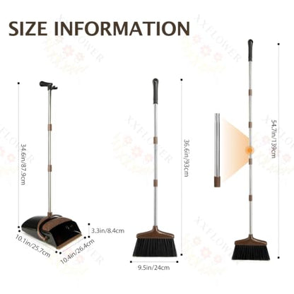 Broom and Dustpan Set with Long Handle, Light Weight Stainless Steel Poles Stand Upright Dustpans with Broom Combo for Home Kitchen Office Pet Dog Hair, 1-Pack (Black Brown) - color: Black Brown
