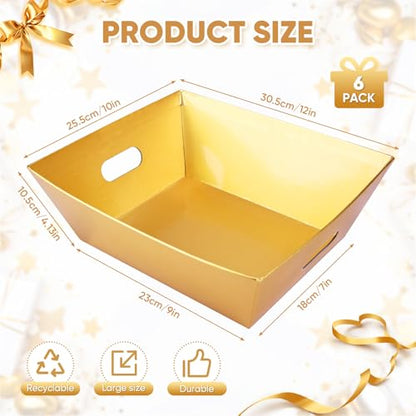 AFOROEOA 6PACK Gold Baskets for Gifts Empty, 12x10x4” Thick Cardboard Gift Basket Kit with 6 Bows & 6 Bags - Kraft Empty Gift Baskets for Christmas, Weddings, Birthdays, Holiday Gifting - color: 6 Gold