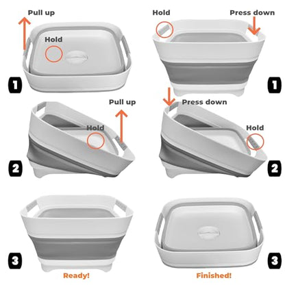 GIMWA 2.6 Gallon Collapsible Wash Basin - Large Capacity Portable Dish Tub with Drain Plug for Baby Bottles, RV Camping Kitchen, Space-Saving Foldable Sink (Gray) - color: Gray