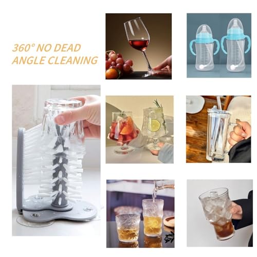 Bar Glass Washer Glass Cleaning Brush with Suction Base 360-Degree Triple Head Design Bottle and Cup Scrubber for Kitchen Sink (Light Gray)