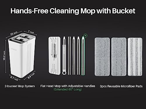 JOYMOOP Flat Mop System, Microfiber Mop and Bucket Set, White, Household & Commercial Floor Cleaning Mop with Long Handle, Includes 3 Microfiber Pads - color: White Standard2431