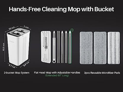 JOYMOOP Flat Mop System, Microfiber Mop and Bucket Set, White, Household & Commercial Floor Cleaning Mop with Long Handle, Includes 3 Microfiber Pads - color: White Standard2431