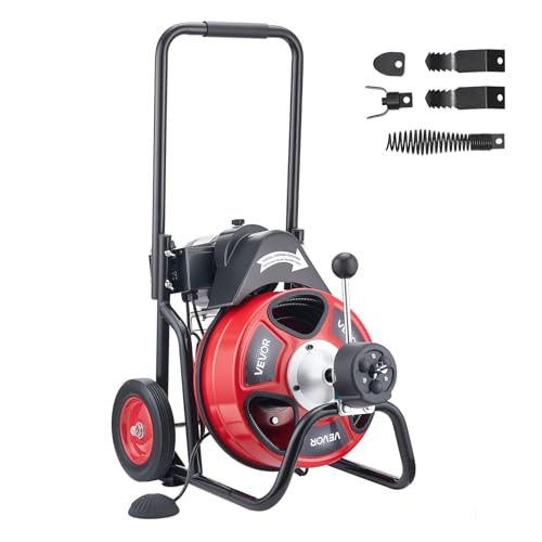 VEVOR Drain Cleaner Machine 50 FT x 1/2 Inch, Auto Feed Sewer Snake Auger on Wheels, Portable Drain Cleaning Machine with 4 Cutters & Air-activated Foot Switch for 2" to 6" Pipes - style: 50 FT x 1/2''