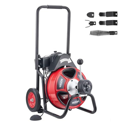 VEVOR Drain Cleaner Machine 50 FT x 1/2 Inch, Auto Feed Sewer Snake Auger on Wheels, Portable Drain Cleaning Machine with 4 Cutters & Air-activated Foot Switch for 2" to 6" Pipes - style: 50 FT x 1/2''