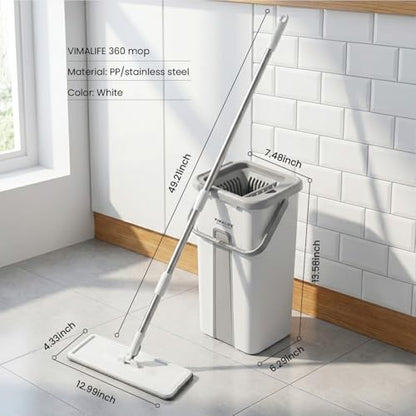 VIMALIFE Mop and Bucket Set with Wringer, Self Cleaning Flat Mop and Bucket System, 2 Parts Bucket Wash & Dry System, 360° Rotating, 3 Microfiber Pads Included Ideal for Homes, Floor & Wall Ceilings
