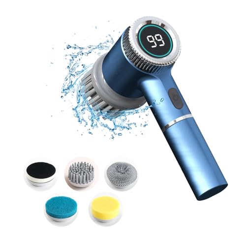 DONGKER Electric Spin Scrubber,3 Speeds Adjustment Handheld Electric Scrubber with 5 Replaceable Brush Heads for Floor Tub Tile Kitchen Car - color: Blue