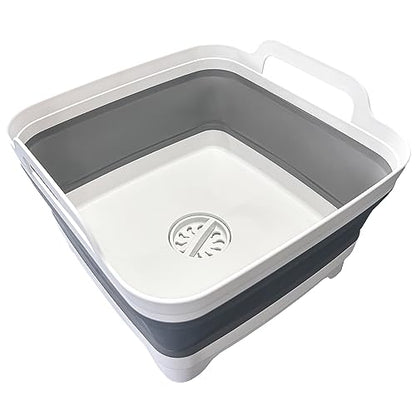 9L (2.4Gal) Dish Basin Collapsible with Drain Plug Carry Handles,Kitchen Storage Tray Dish Wash Basin, Portable Dish Tub, Foldable Dishpan for Camping,RV,Gray - color: Gray