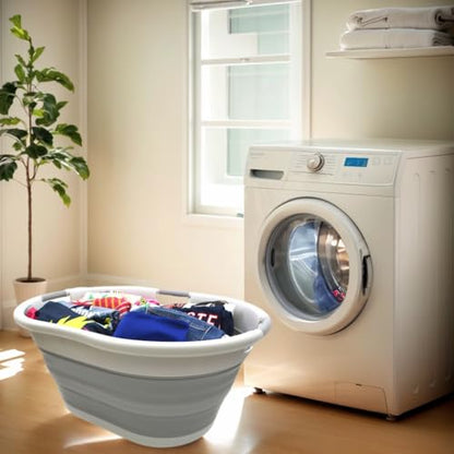 SAMMART 57L (15 Gallons) Collapsible 3-Handled Plastic Laundry Basket - Oval Tub - Portable Washing Tub-Space Saving Laundry Hamper, Water Capacity 44L / 11.6 Gallon (1, Grey) - color: Grey