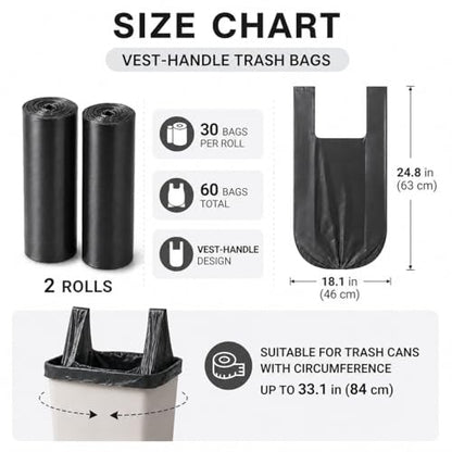 Trash Bags Small Garbage Bags with Handle 2 Rolls 60 Count Strong Kitchen Bathroom Waste Bags Leak Resistant Disposable Bin Liners Black - color: Black