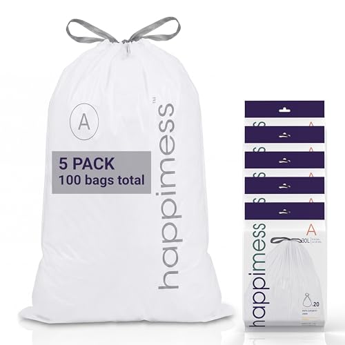 happimess 8 Gallon (30L) Drawstring Trash Bags, Unscented, White, Heavy Duty LDPE Liners for Kitchen and Household, Custom Fit 100 Count (5 Packs of 20 Liners) HPM3000A-W-5SET - color: White, size: 100 Count (Pack of 1)